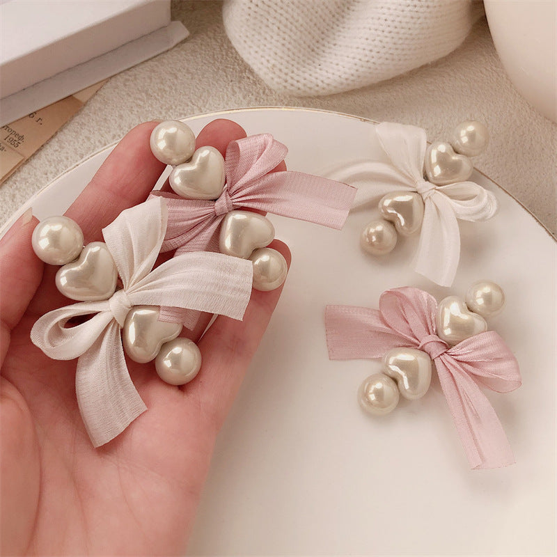 Soft Heart Pearl Satin Mini Bow Hair Clip
