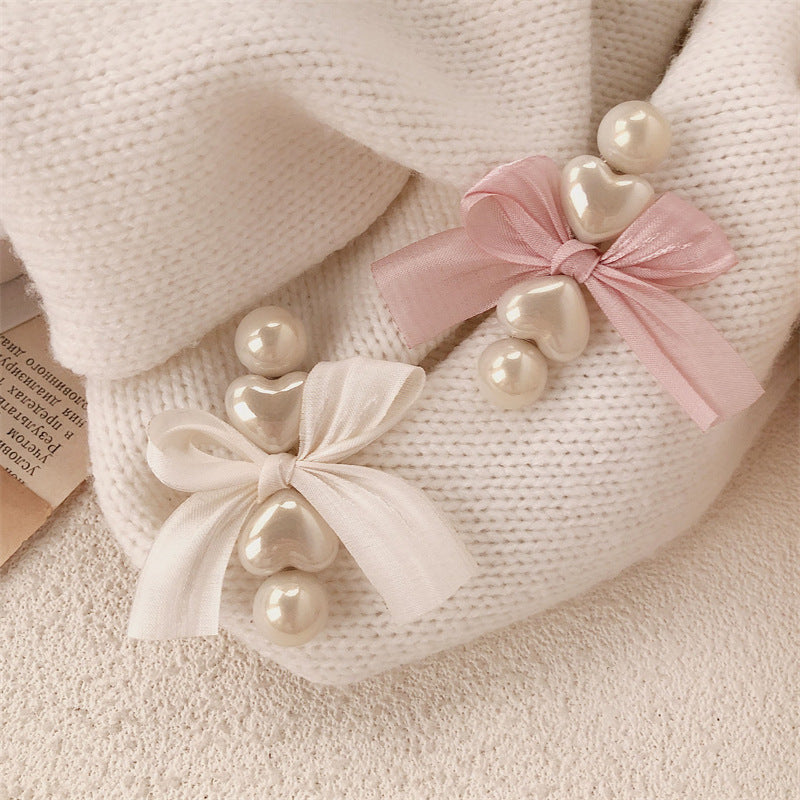 Soft Heart Pearl Satin Mini Bow Hair Clip